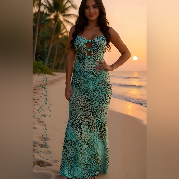 Dresses & Skirts - Leopard Print Maxi Dress Mesh Cut Out Embellished Sweetheart Neckline